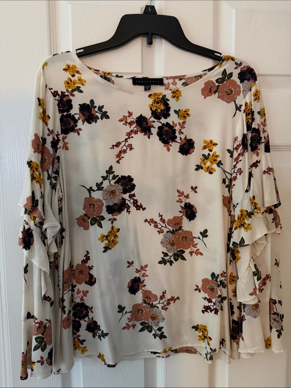 Sanctuary Floral Ruffle Sleeve Women's Blouse Cream with Brown & Yellow Flowers